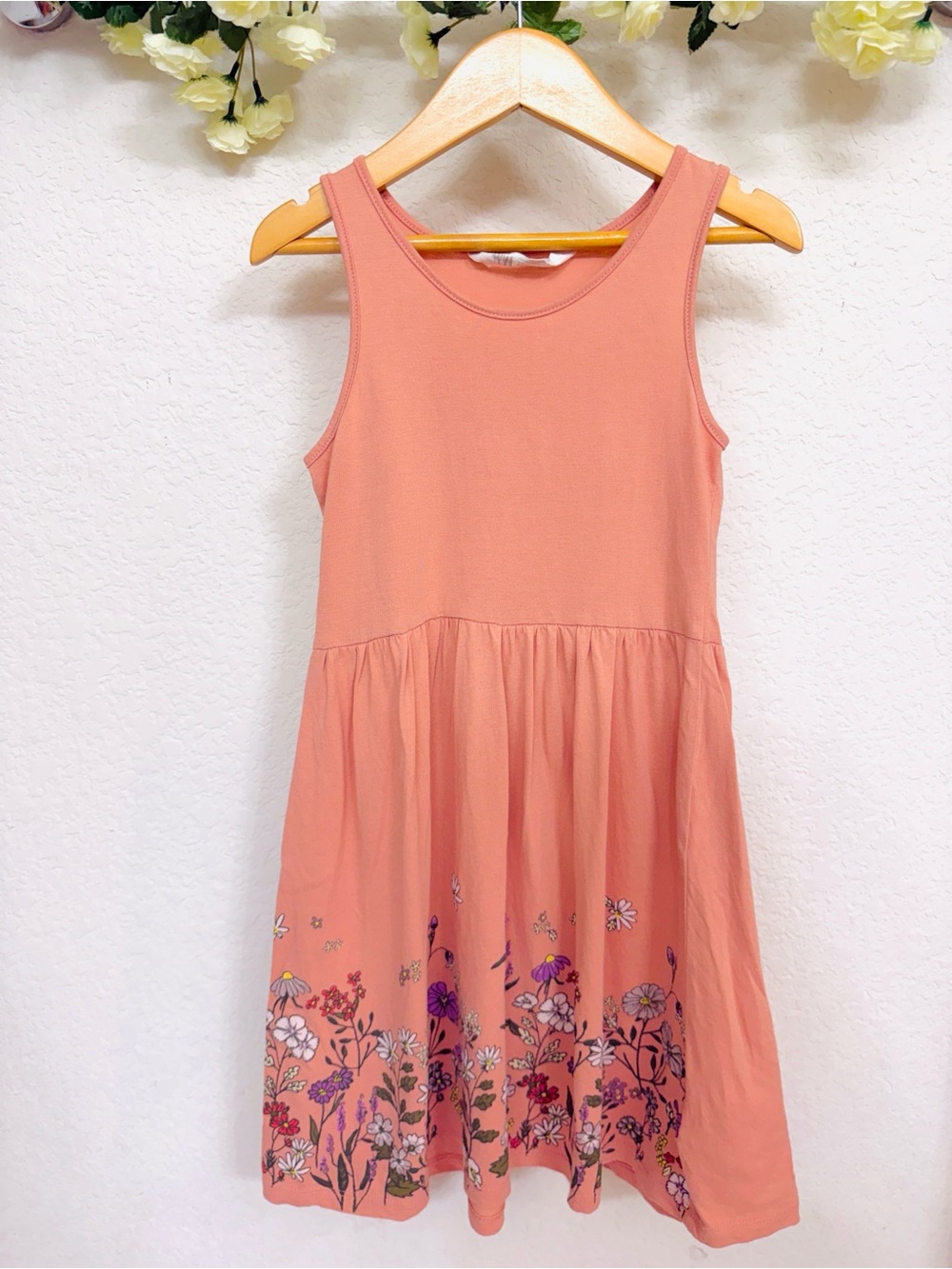 H&M • Girls Peach Floral Border Print Tank Dress Cottagecore Summer